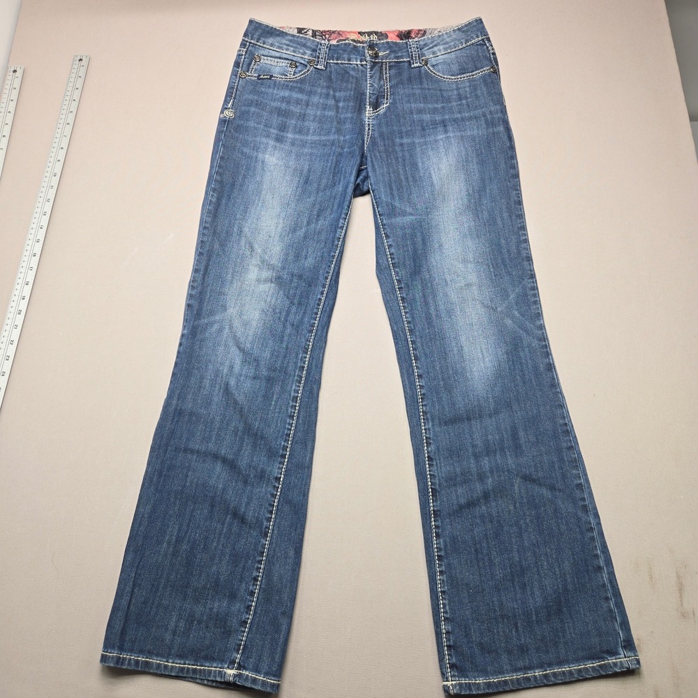 Adiktd Jeans Bootcut Embellished Pocket Contrast Stitch Blue Women 12/W 32 L 34